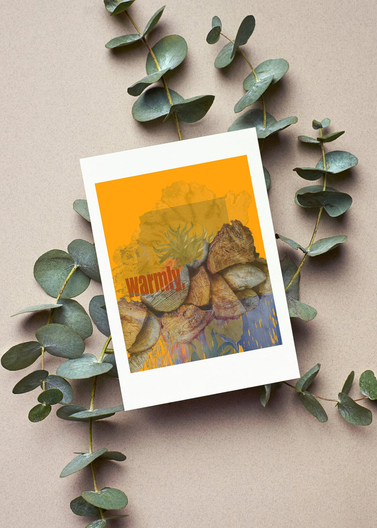 Warmly, a greeting card resting on eucalyptus